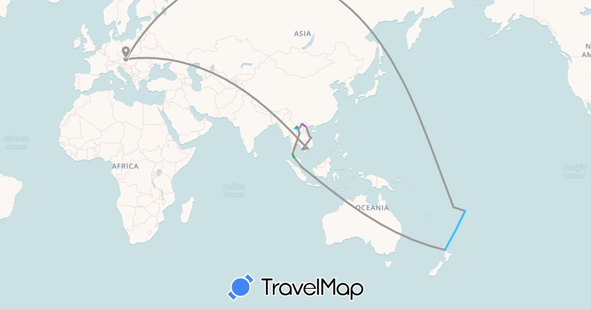 TravelMap itinerary: bus, plane, train, boat in Austria, Fiji, Cambodia, Laos, Malaysia, New Zealand, Singapore, Thailand, Tonga, Vietnam (Asia, Europe, Oceania)